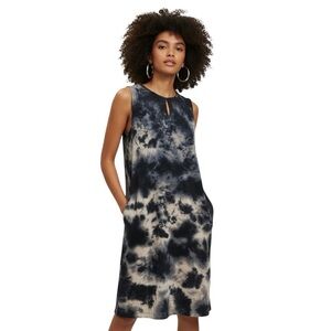 Tie-Dye Shift Dress with Front Pockets Sleeveless Navy & White